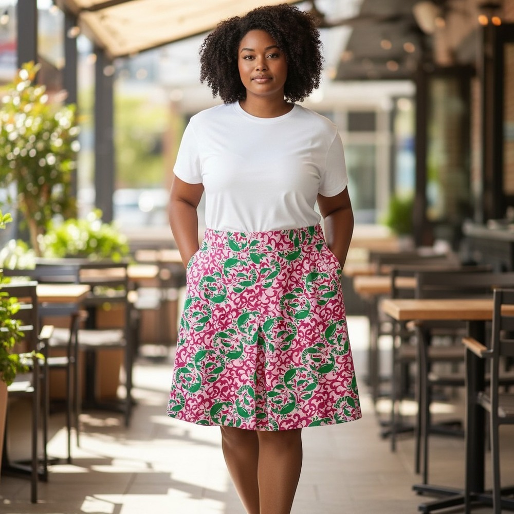 LL Bean Pink Green Lobster Print Summer Cotton A-Line Skirt Pockets 10-REG